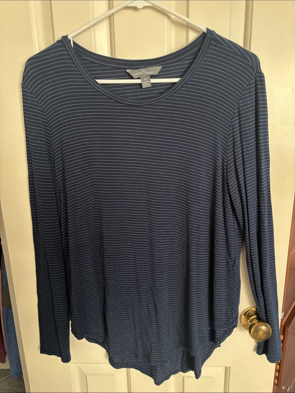 Market & Spruce Navy and White Striped Long Sleeve Crewneck